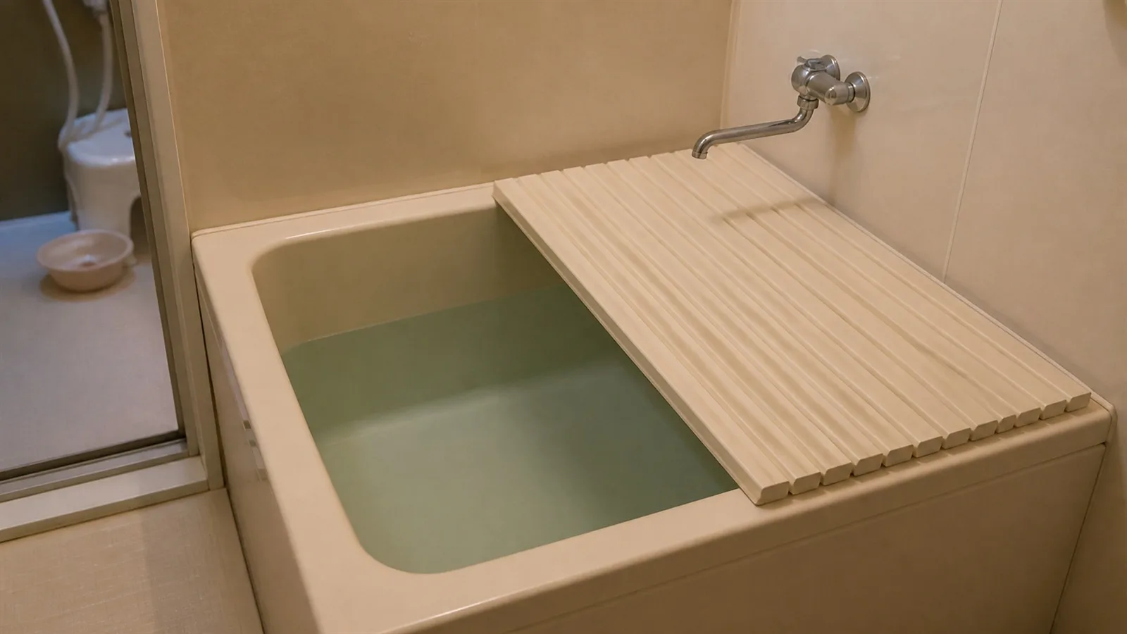 A close view of a short, deep Japanese home bathtub filled with water, with a segmented bath lid set half aside and a wall-mounted faucet above