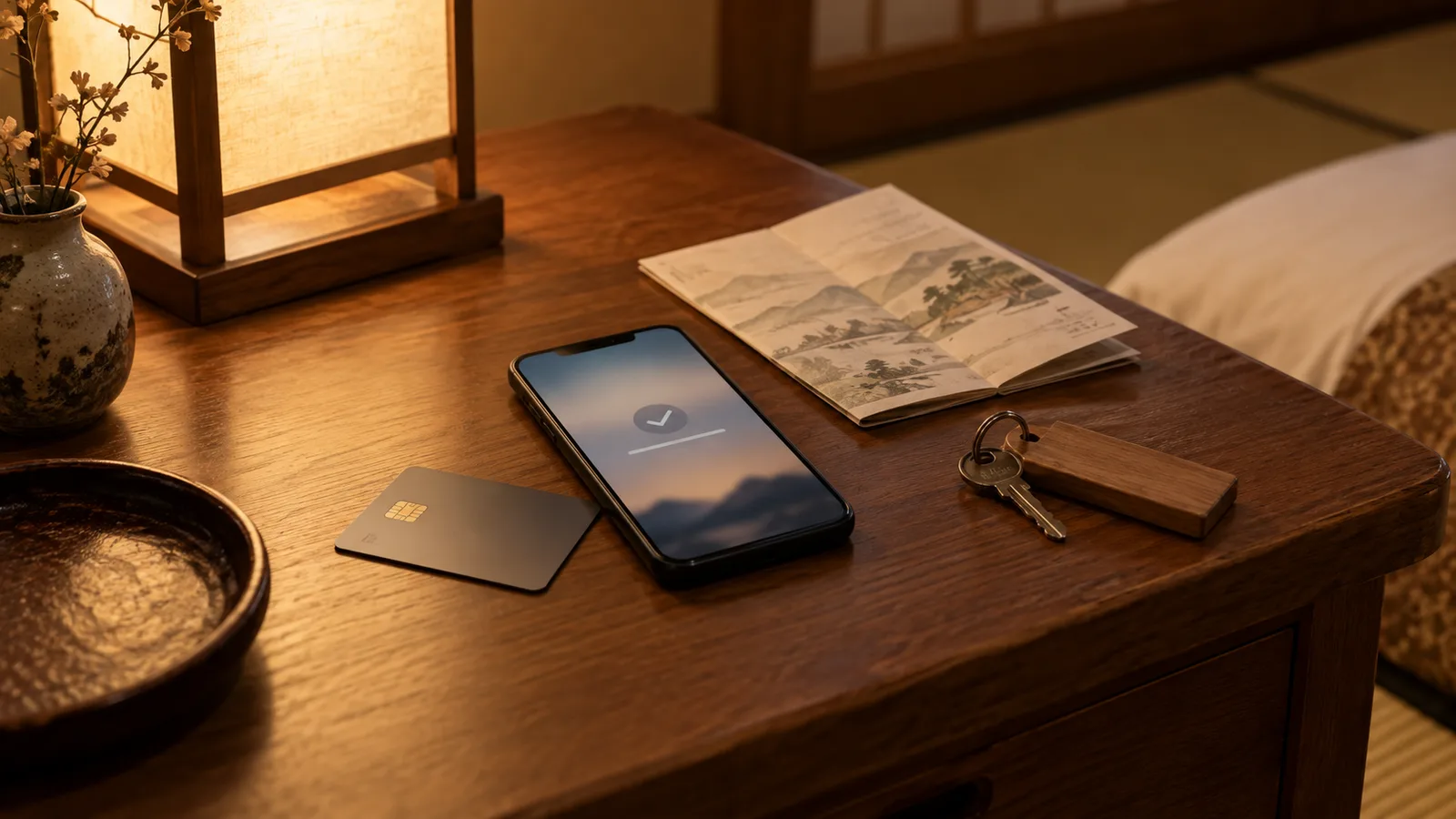 A credit card and a smartphone showing a blurred, abstract confirmation screen beside a folded paper itinerary and a wooden room key on a bedside table