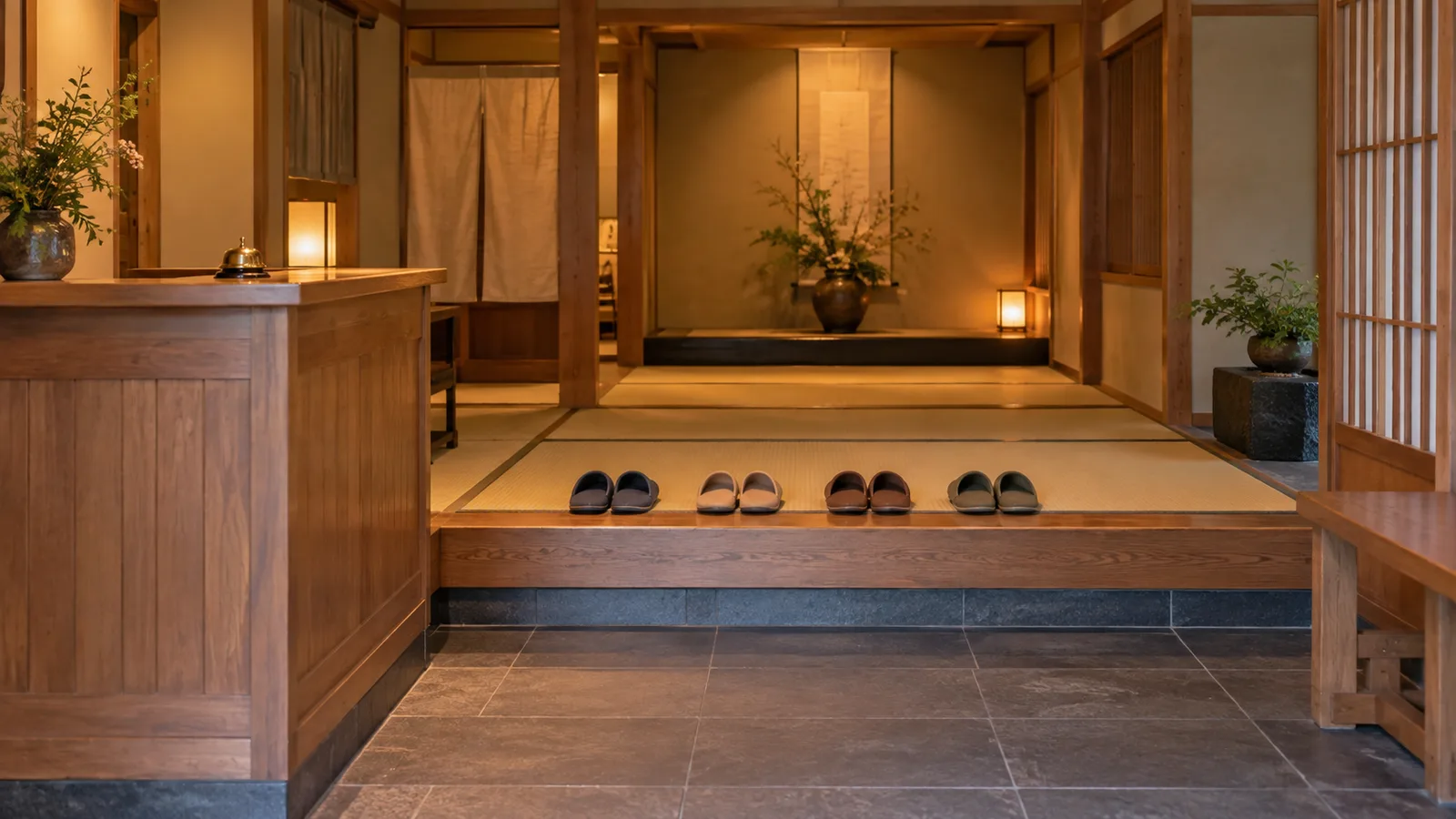 A quiet ryokan entryway with a low reception counter, a small bell, and several pairs of indoor slippers neatly arranged on a raised tatami step
