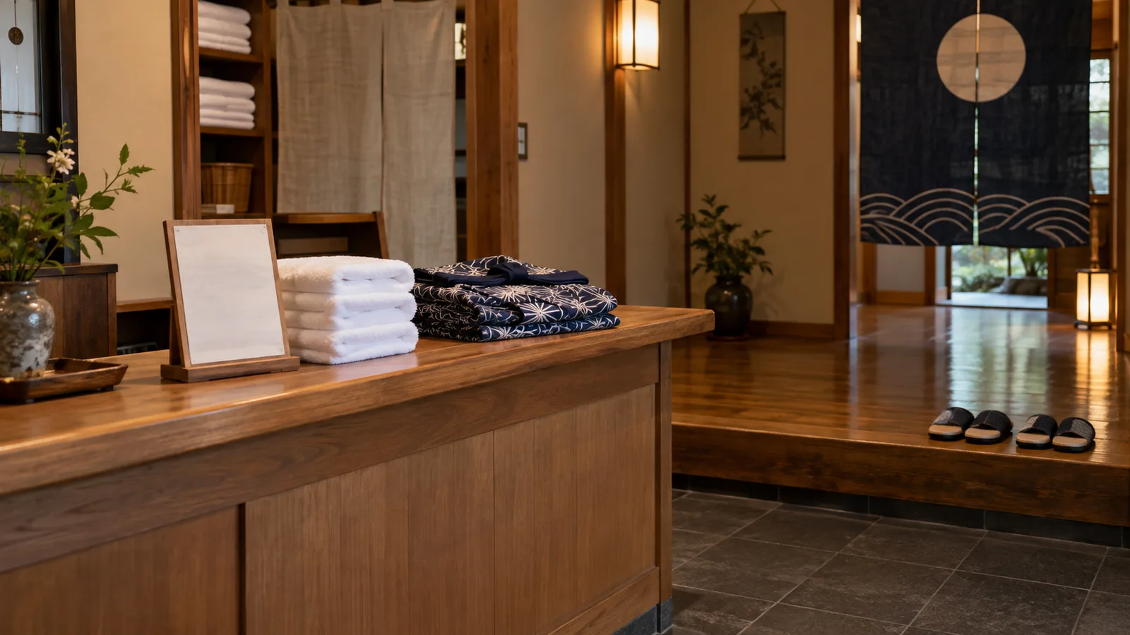 A quiet bathhouse reception counter with a neat stack of folded towels and a yukata beside a pair of guest slippers