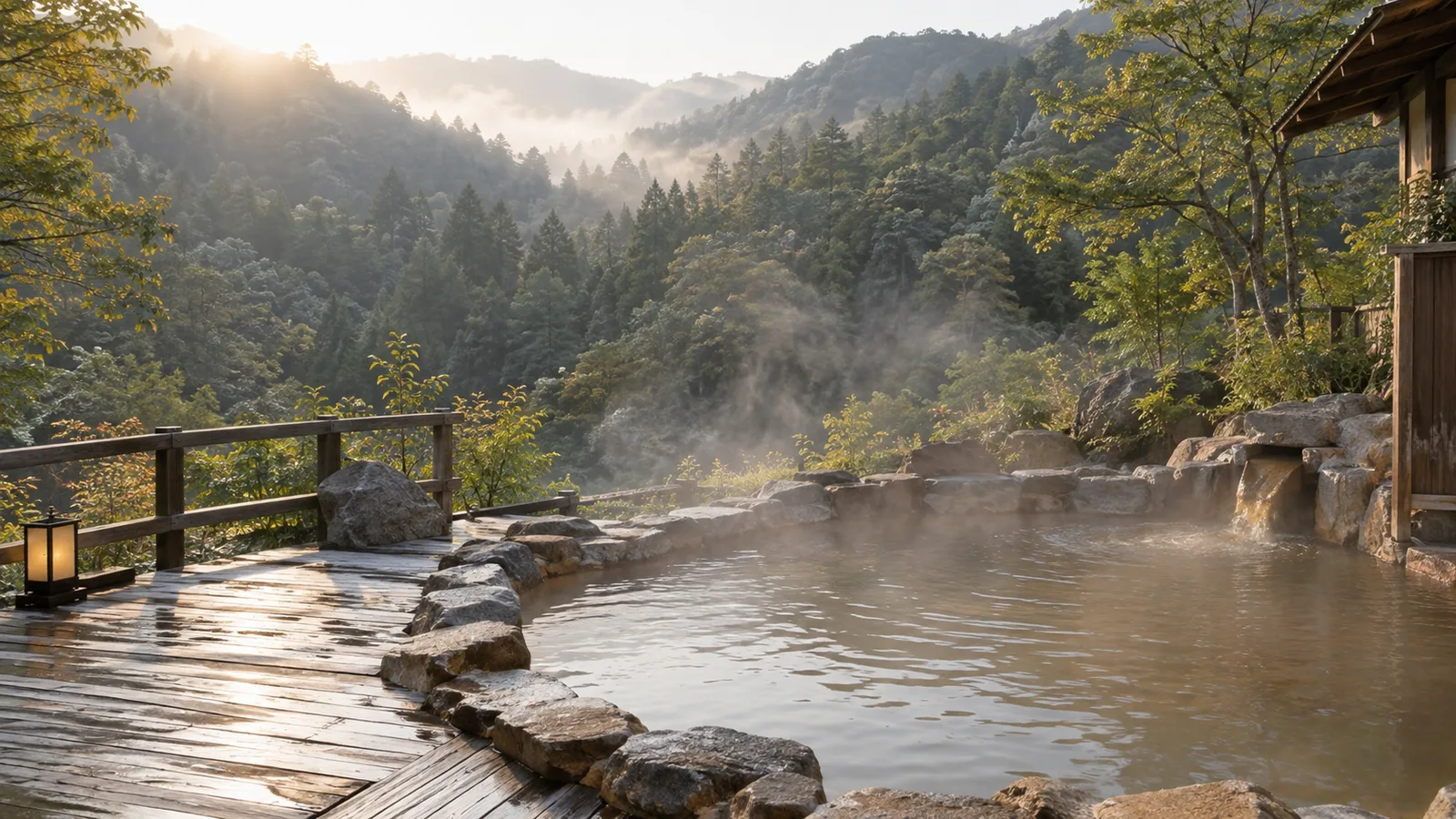 A quiet outdoor hot spring bath deck in a wooded mountain valley with steam rising in soft morning light