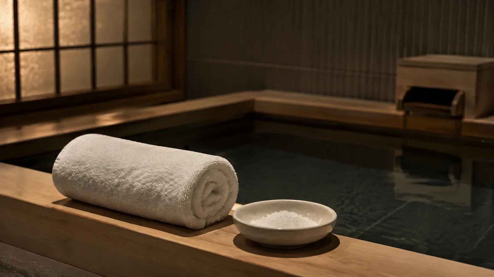 A rolled cloth and a small unlabeled ceramic dish resting on the edge of a wooden Japanese bathtub