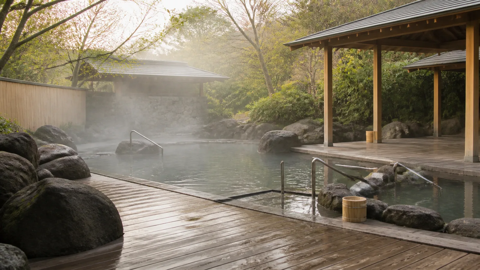 A generic open-air bathing area with wooden decking and rising steam