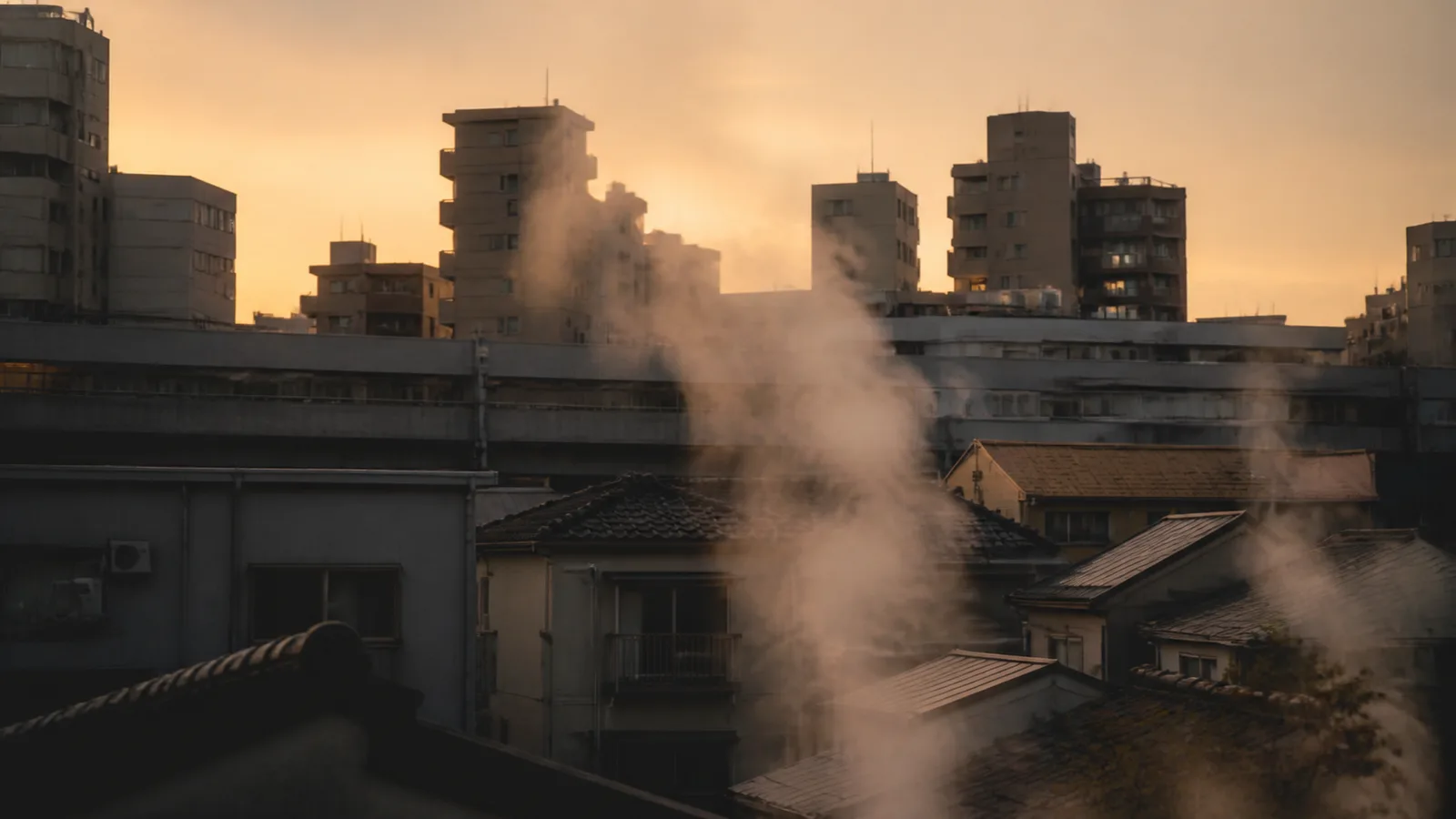 Steam rising quietly between rooftops in an ordinary Tokyo neighborhood at dusk