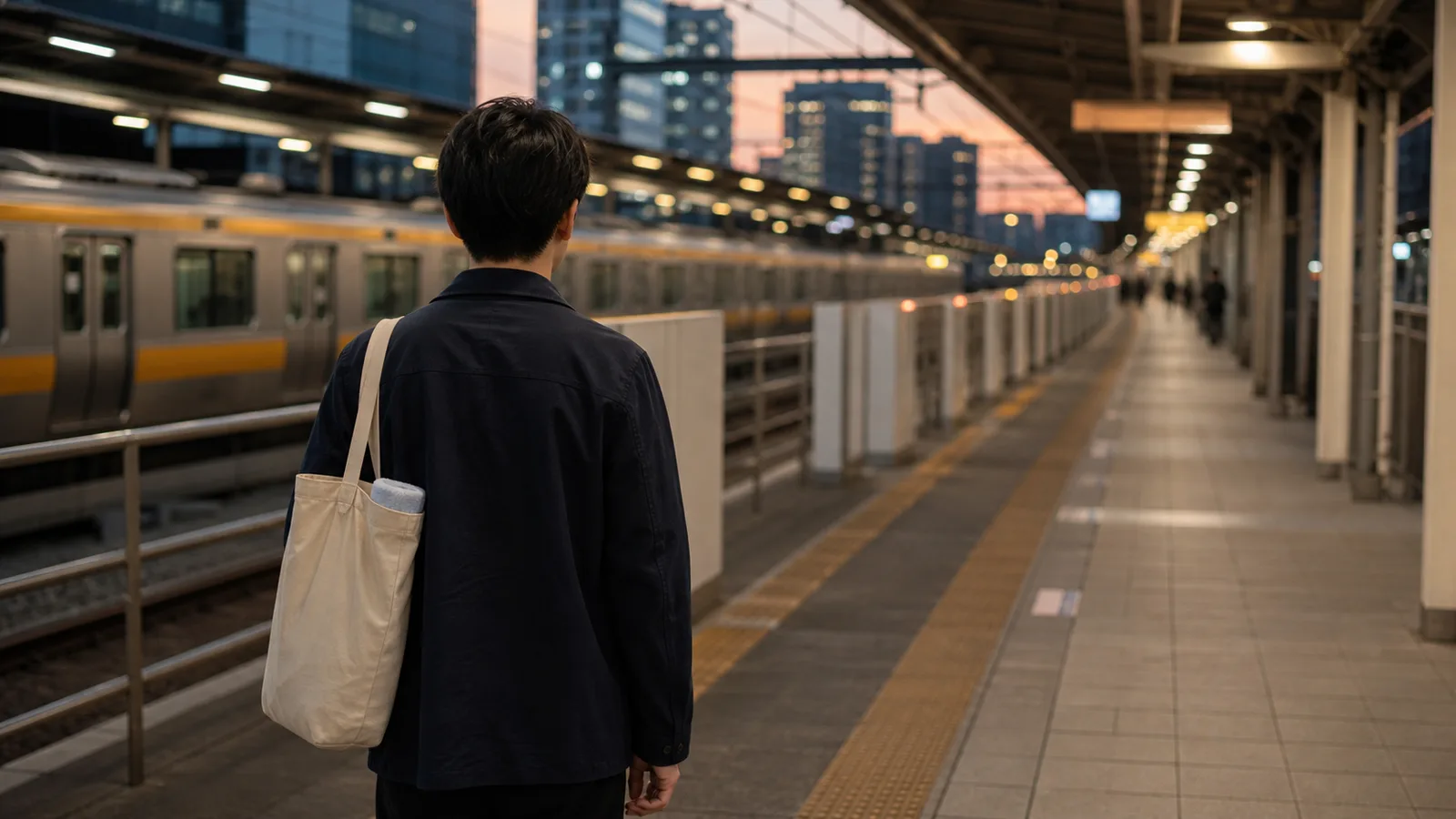 A commuter with a small tote bag waiting on an ordinary Tokyo train platform in the early evening