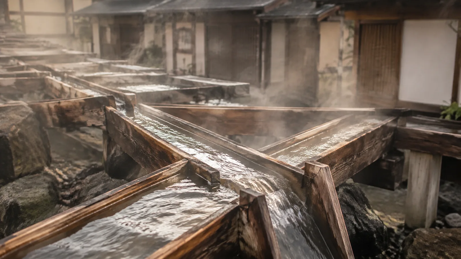 Wooden channels carrying hot spring water through a Japanese hot-spring town, with steam rising as the water cools