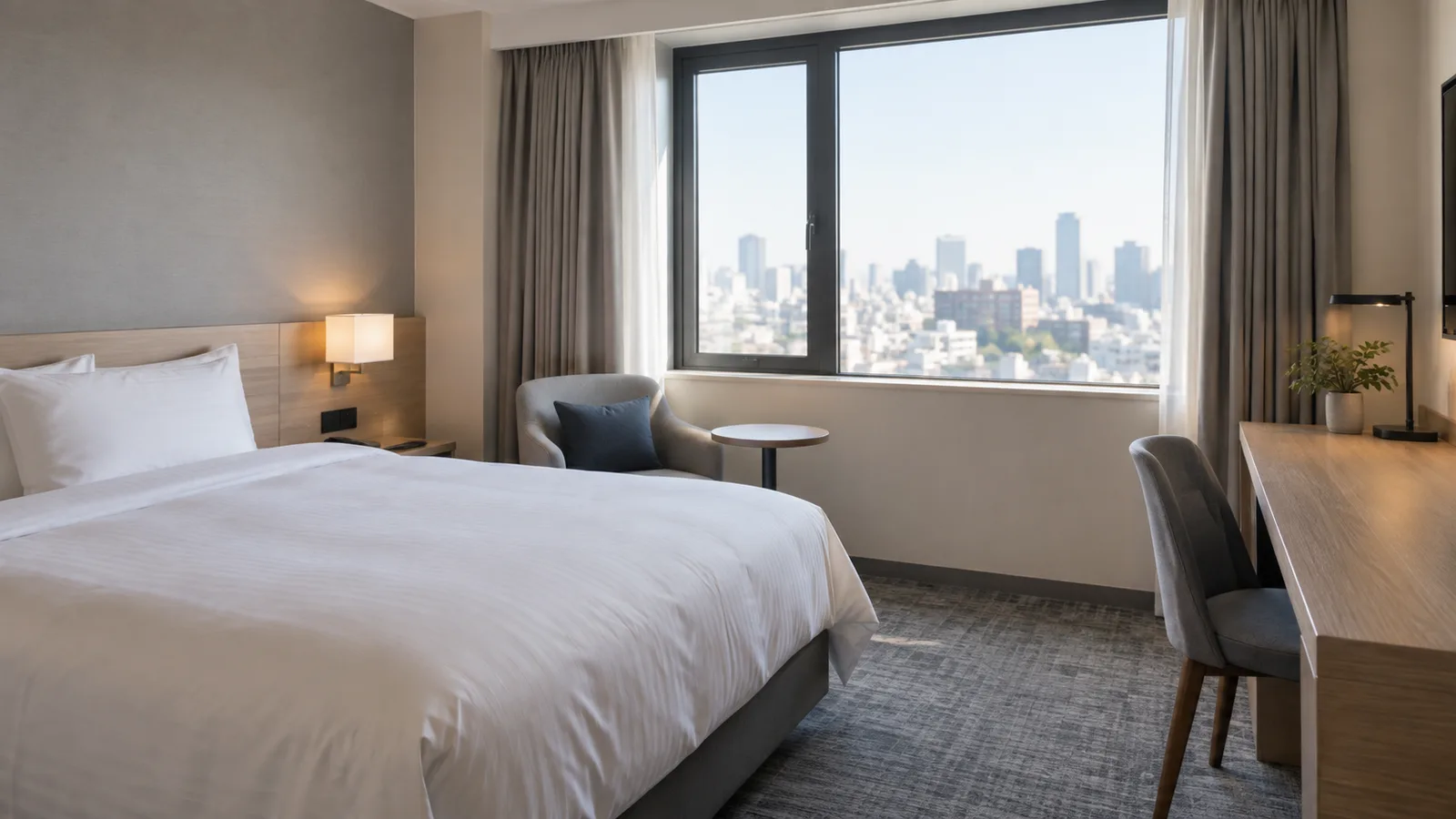 A simple modern hotel room with a made bed, a work desk, and a city view through the window