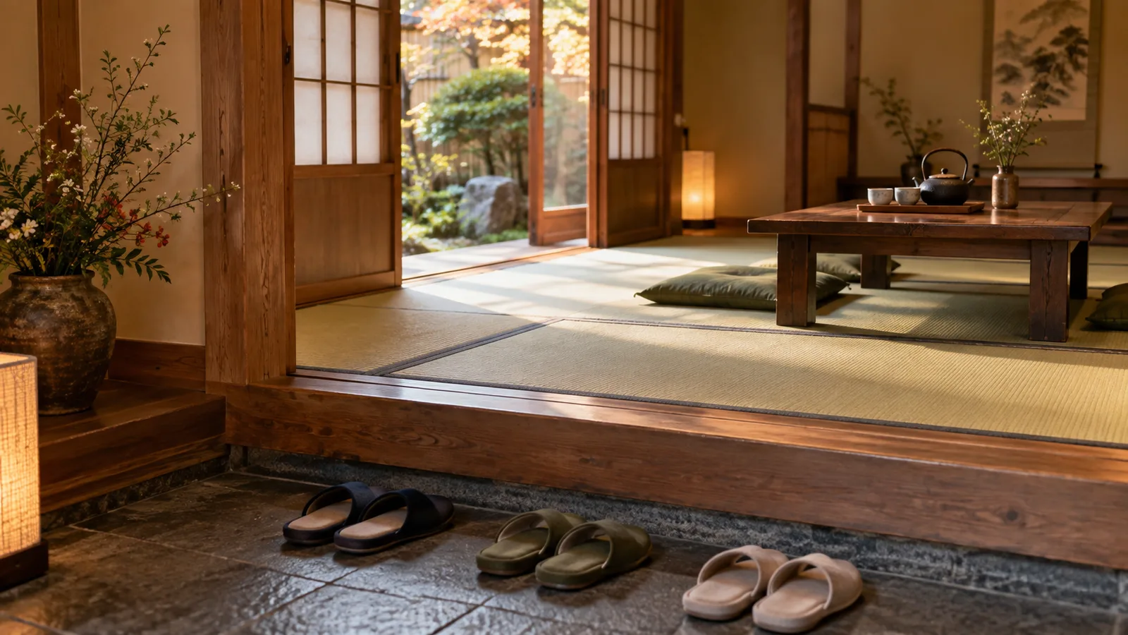 A traditional Japanese ryokan entryway with tatami flooring, a low table set for tea, and indoor slippers arranged by the sliding door