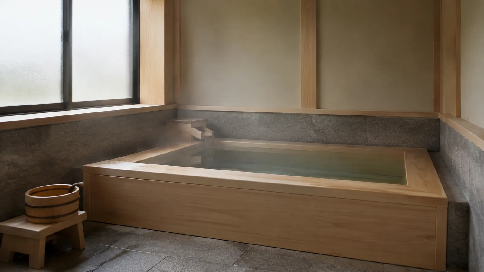 A small private indoor hot-spring bath of pale wood and stone, empty, with a low stool and a wooden bucket beside it and soft daylight from a window