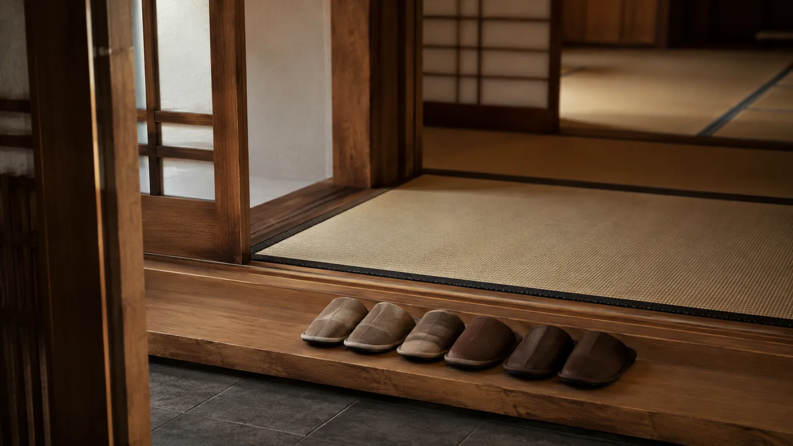 A raised tatami entryway at a traditional ryokan with a few pairs of indoor slippers neatly arranged beside sliding wooden doors