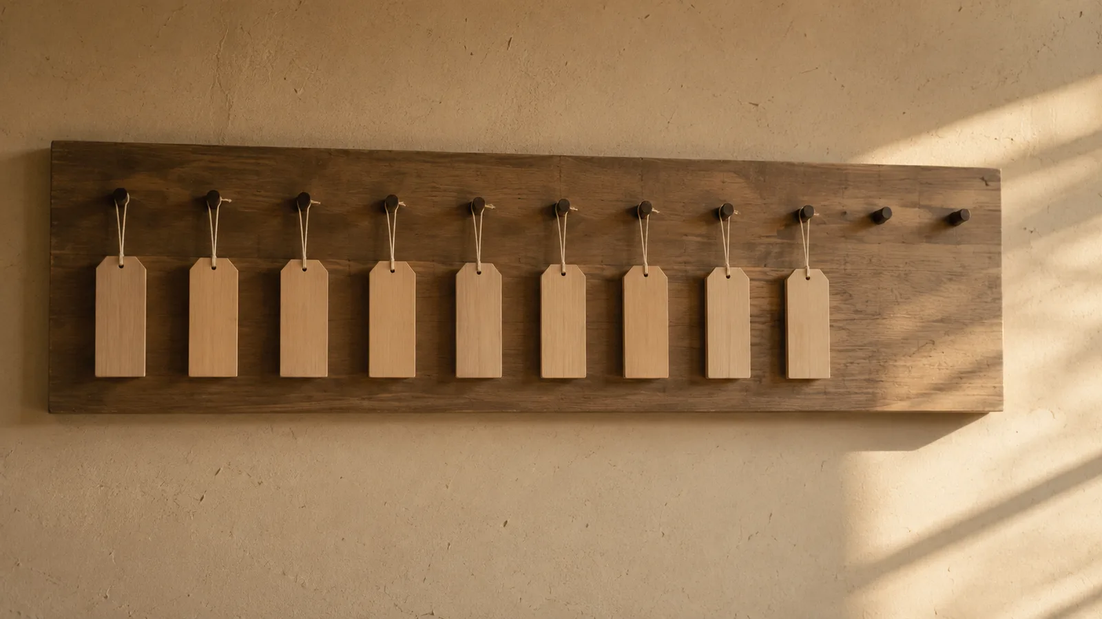 A row of small wooden tags hanging from pegs on a wooden board, most pegs holding a tag and a few left empty