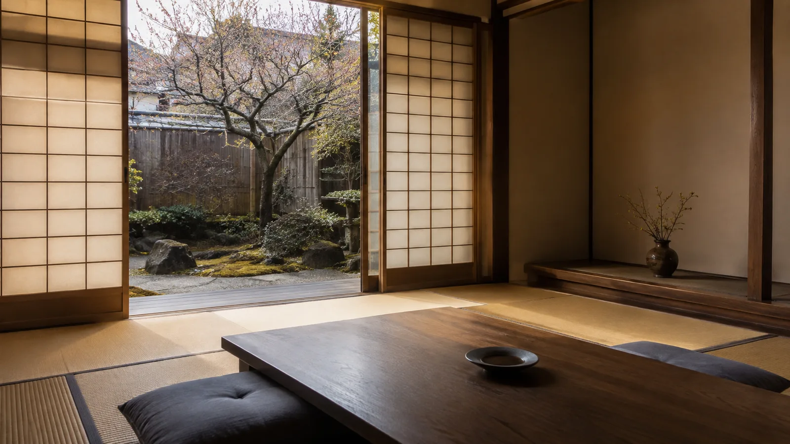 A quiet ryokan guest room seen through open shoji screens onto a small private garden, with a low table on the tatami in the foreground