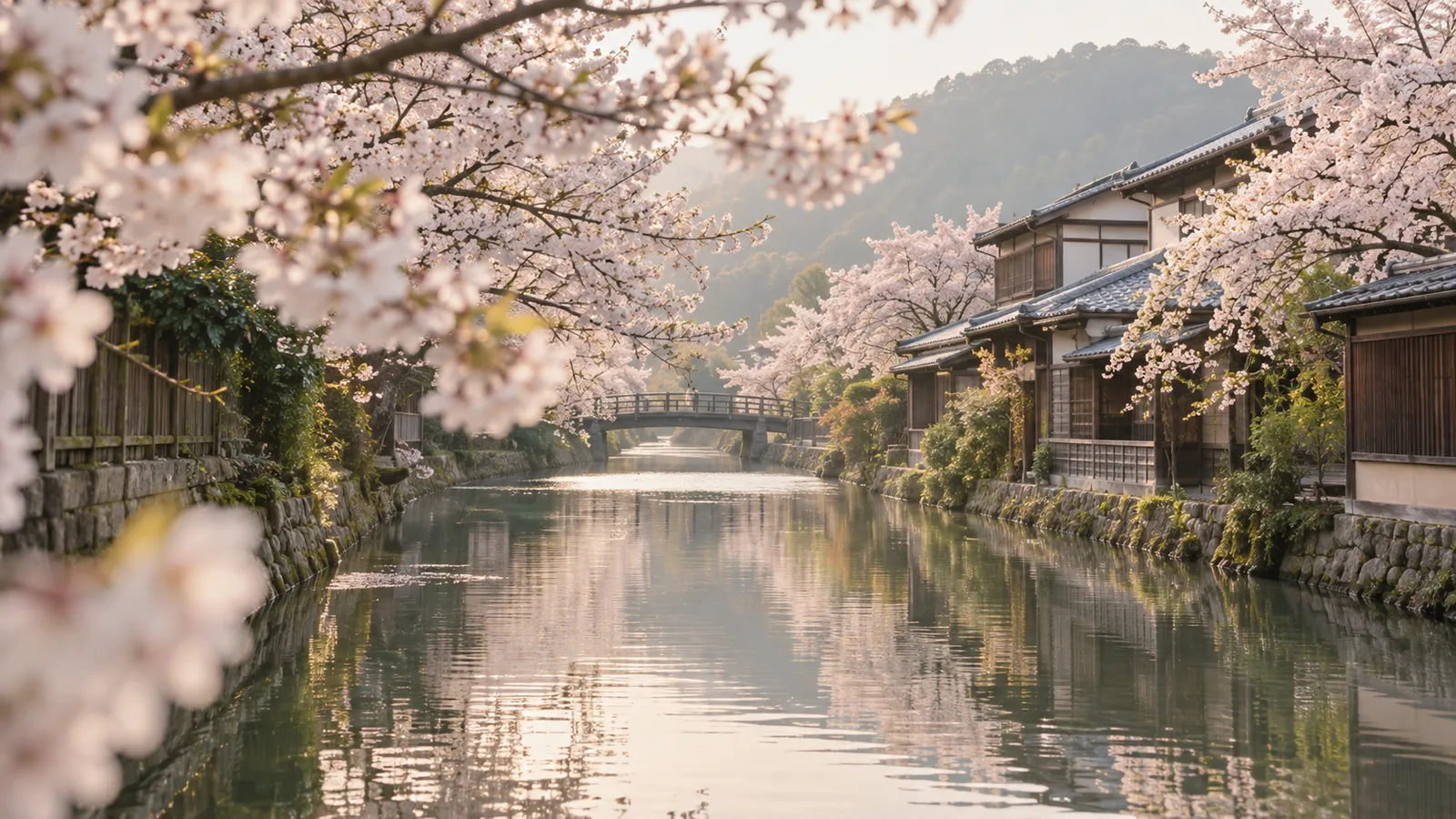 A quiet canal in Japan lined with blooming cherry blossom trees and traditional low wooden buildings along the water's edge