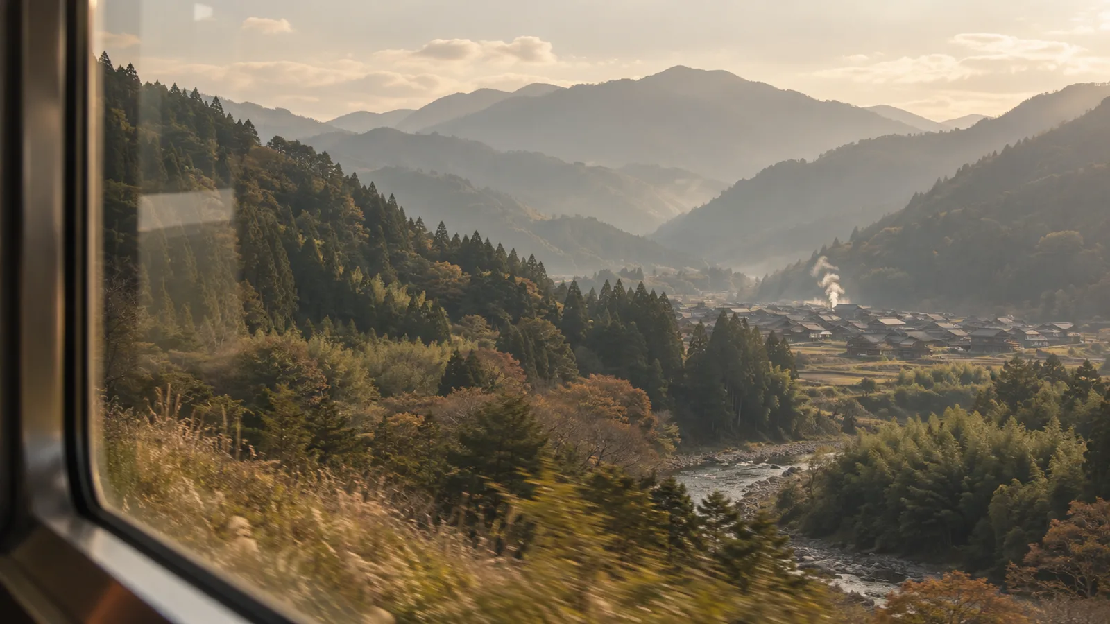 A train window view of mountains with steam rising from a distant hot-spring town