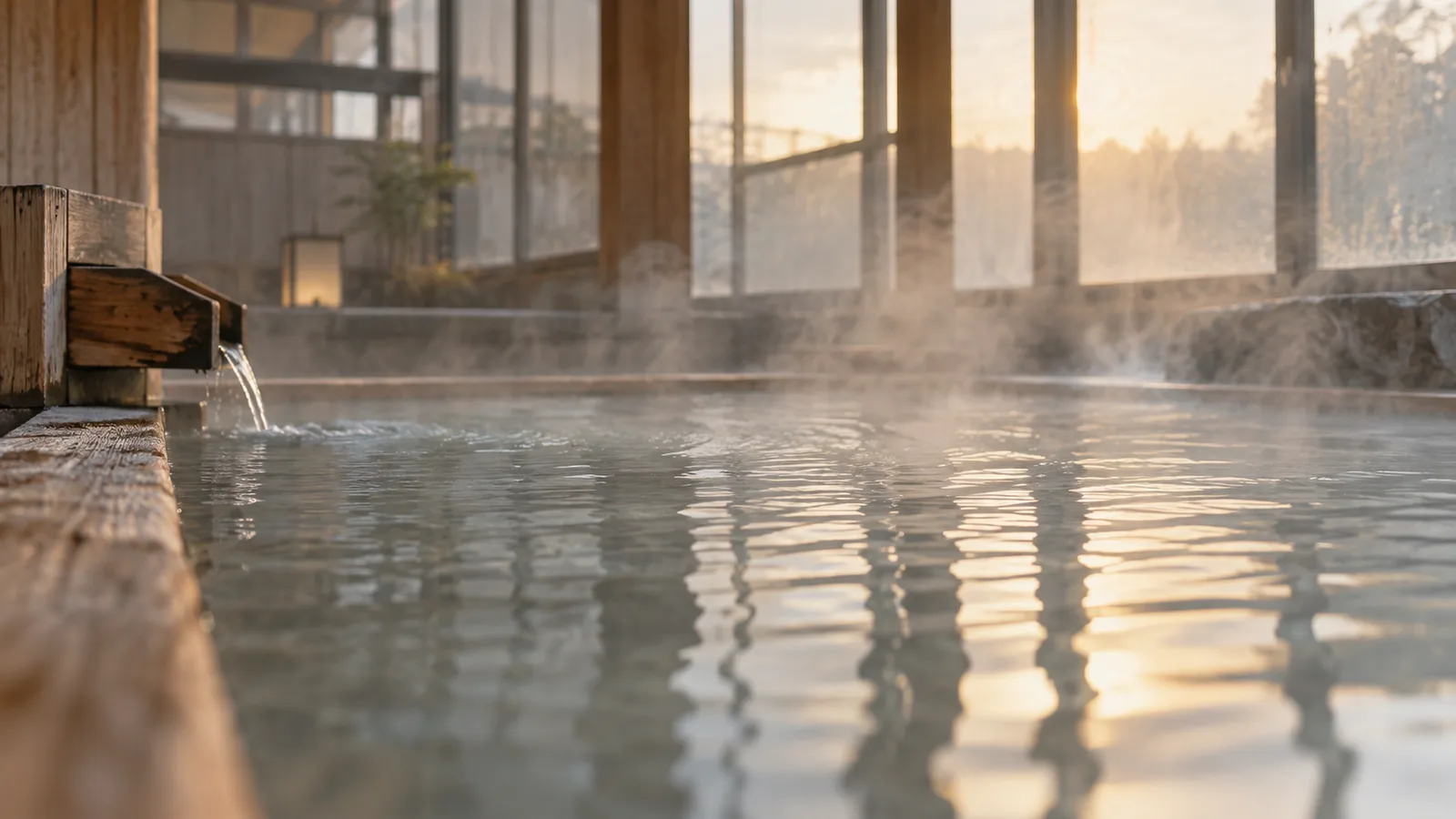 Steam rising off a wooden-edged hot spring bath in soft afternoon light