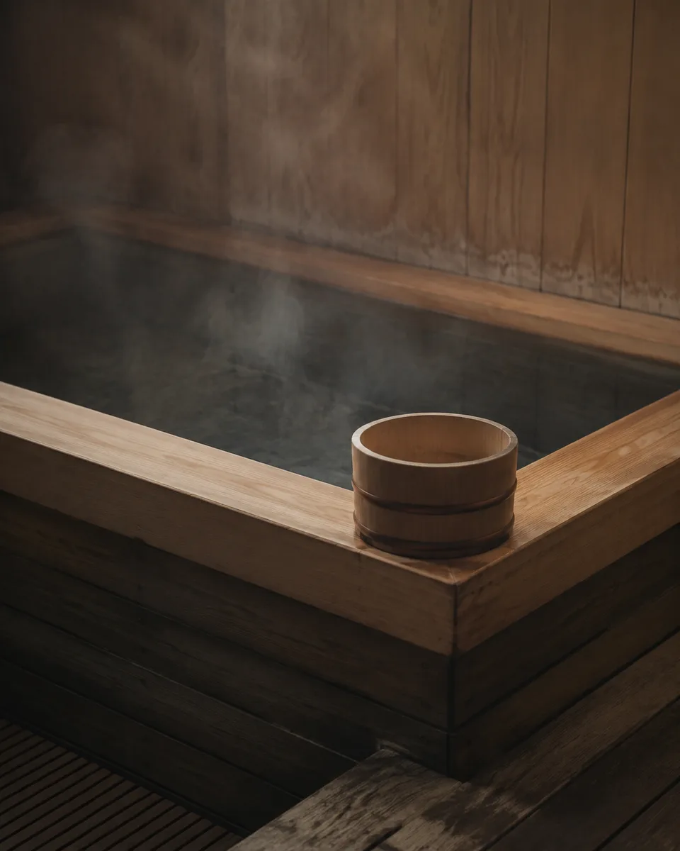 The wooden edge of a Japanese soaking tub with gently rising steam and a small wooden bucket resting on the rim