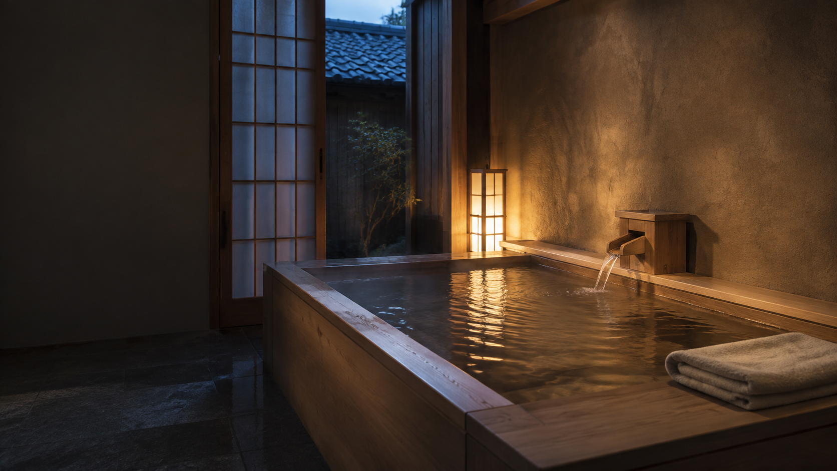A hinoki cypress wood ofuro bath, gently steaming, lit by a paper lantern in a quiet Japanese room at dusk.